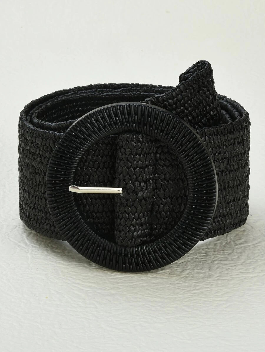 black Round buckle woven straw belt 