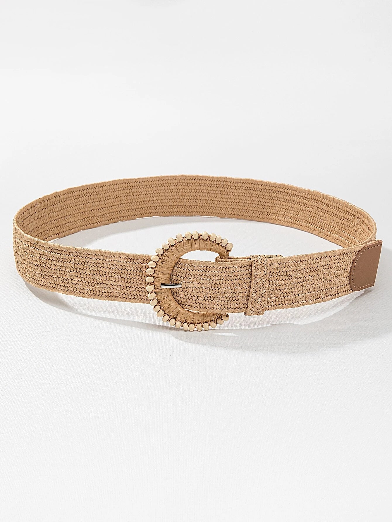 woven straw belt with leather on the end and beads decor edging on the buckle