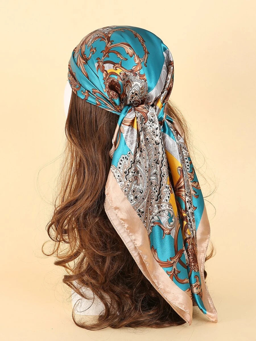 Teal and gold Bandana head scarf on a manequin head