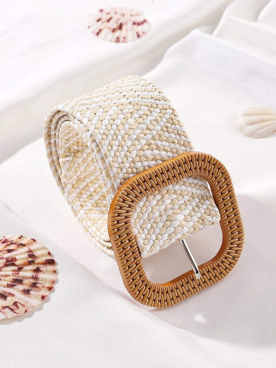 square buckle criss cross woven belt - cream