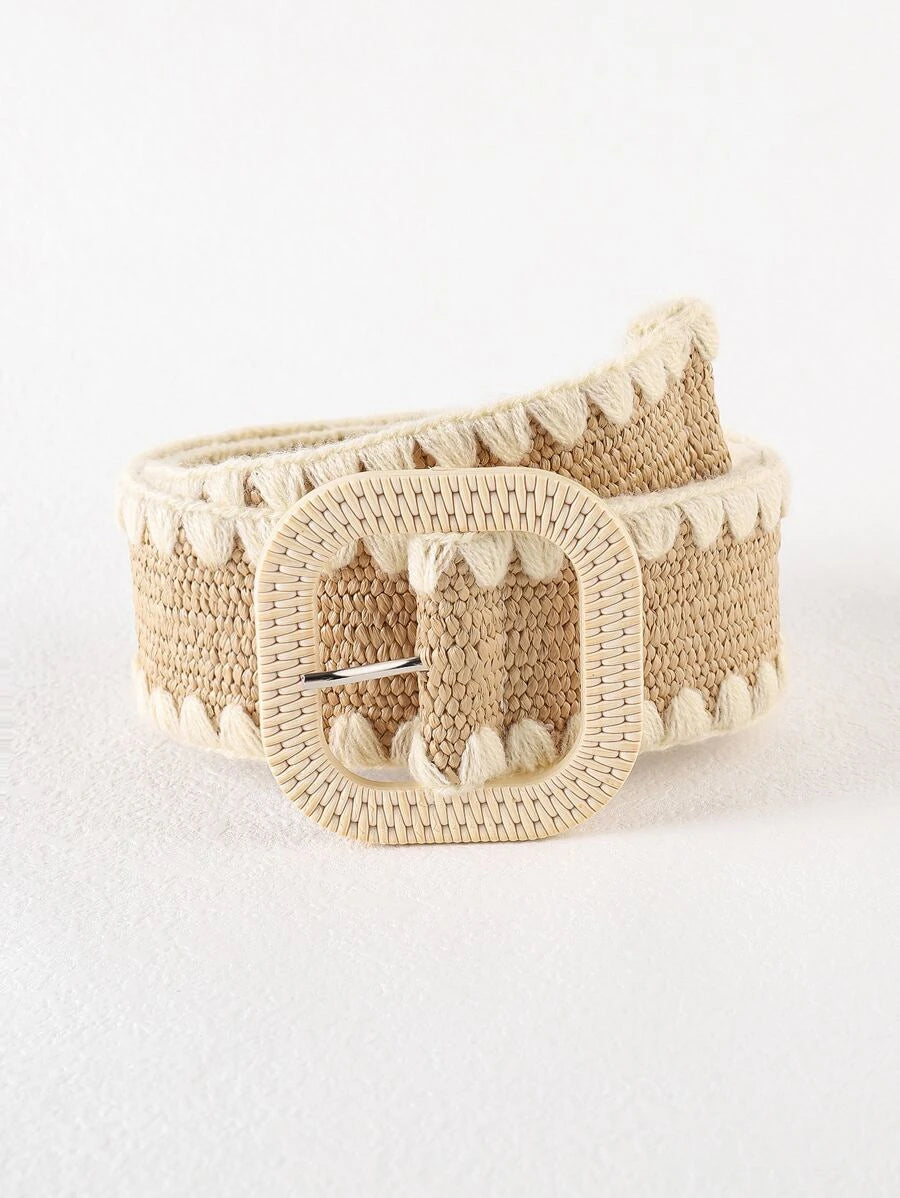 Beige Crochet trimmed Woven Straw Belt with Square Buckle 
