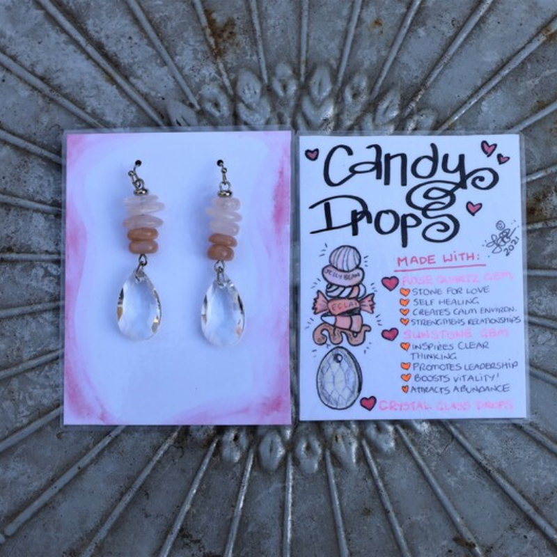 multiple stone stack with crystal teardrop dangling hook earrings and candy drops made with card