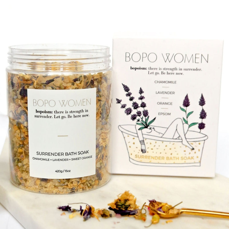 bopo women surrender bath soak chamomile + lavender + sweet orange 420g