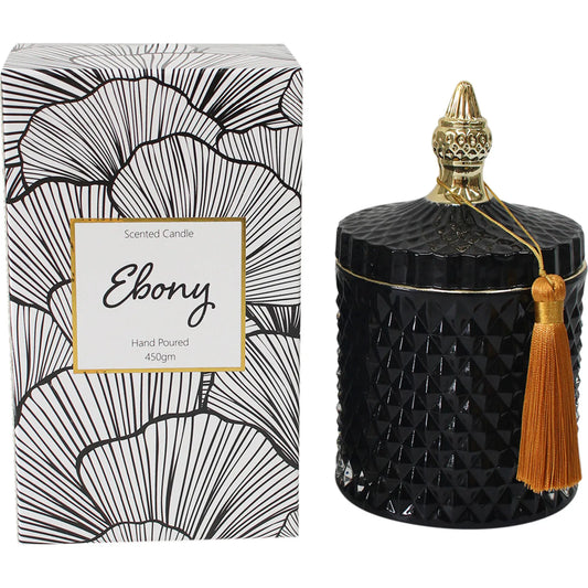Ebony Scented Candle in glass jar with tassel