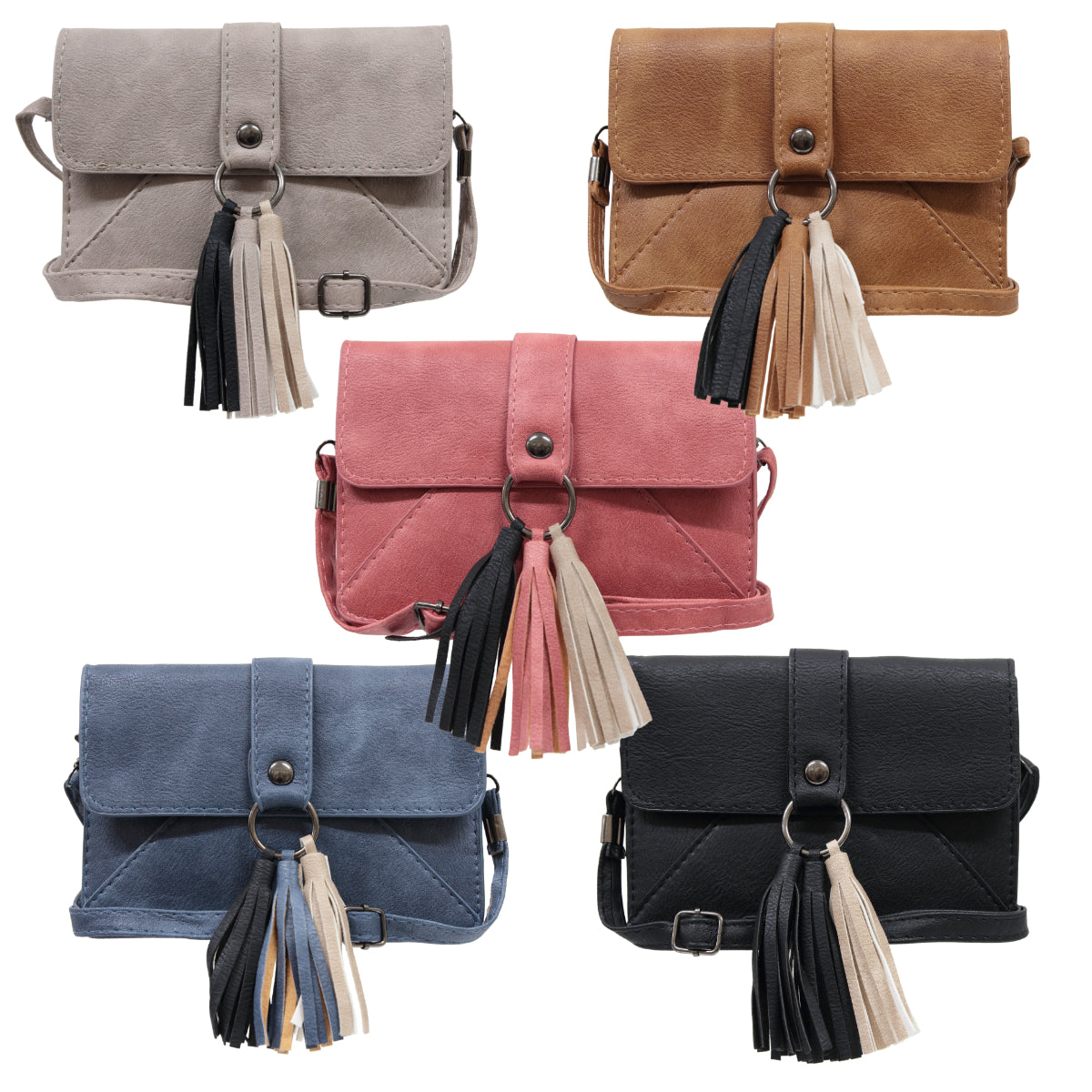 Clementine Front Flap Body Pouch Bag with Metal Ring detail and three Tassels 19cm W x 3.5cm D x 13cm H in various colors