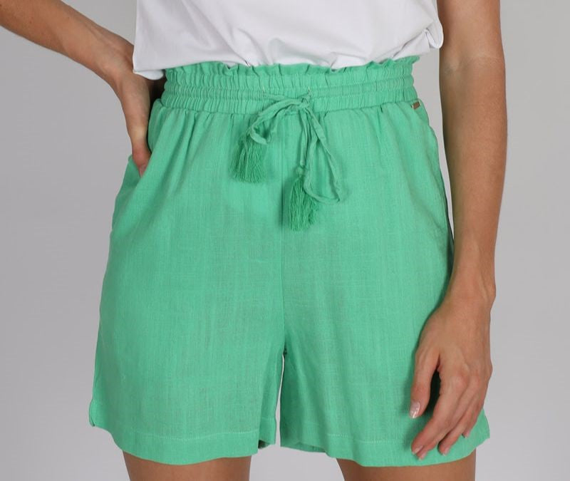 Smocked Waistband Shorts with Tassel Tie - Gelato Green