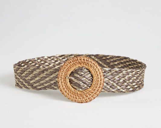 brown braided round buckle straw belt