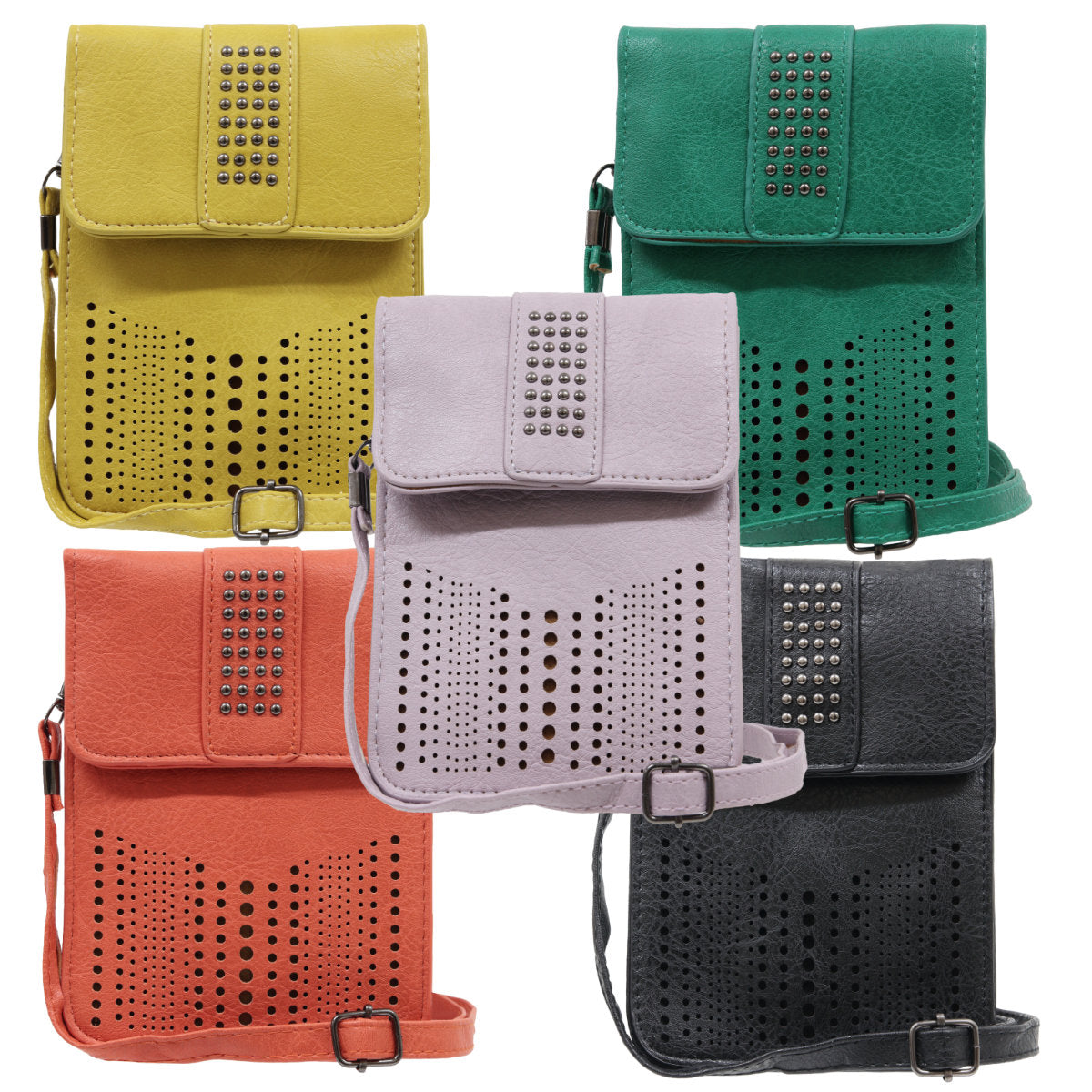 sassy duck amelia cross body pouch bag in mustard, emerald green, pink, orange and black