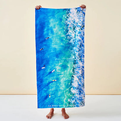 Destination towels blue boards Birds eve view of surfers beach towel