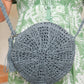 round woven straw shoulder bag in sky blue