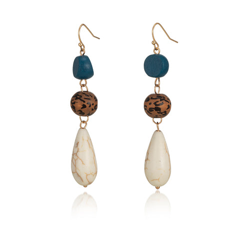 White Marble Teardrop with Turquoise and Brown Beads Hook Earrings