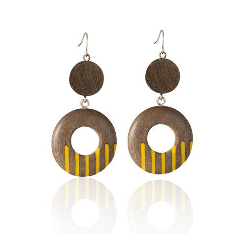 brown wooden open disc drop hook earrings with yellow stripe accent