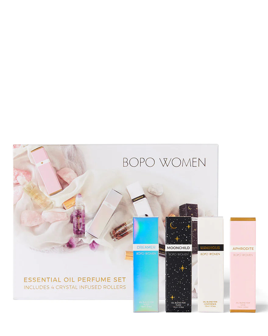 bopo women Essential Oil Perfume Roller Set box with 4 crystal infused rollers dreamer moonchild luminous aphrodite