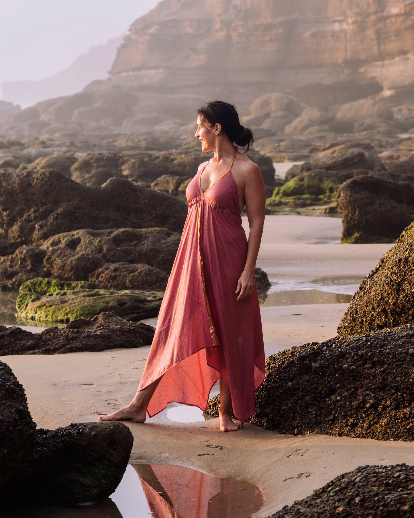 woman wearing Cave Woman long Indie dress - Shiny threads