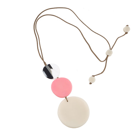 Flat Round Beads Drop Pendant Necklace - White and Pink