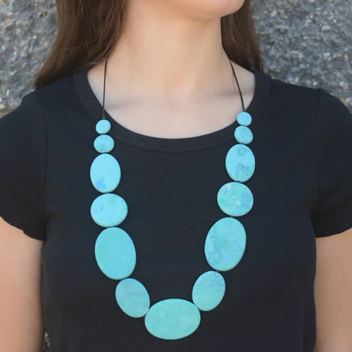 Multiple Light Blue Marbled Flat Stone Necklace
