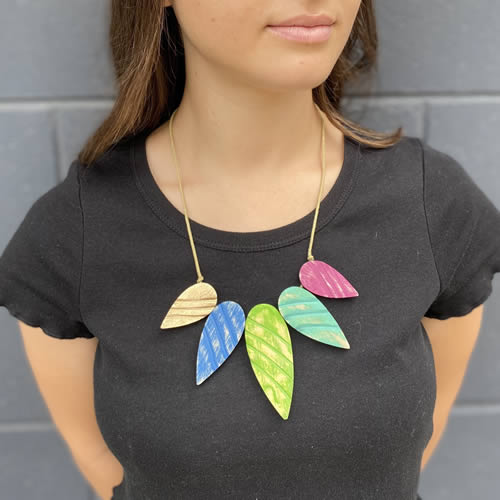 blue scarab multicolor wooden leaf statement necklace