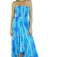 woman wearing blue smocked strapless tube salsa dress