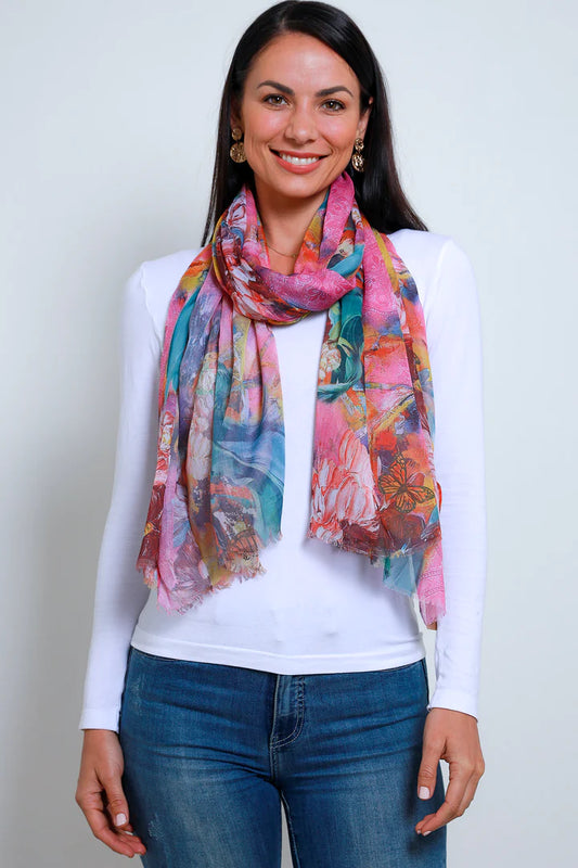 woman wearing january scarf pink rose with butterfly