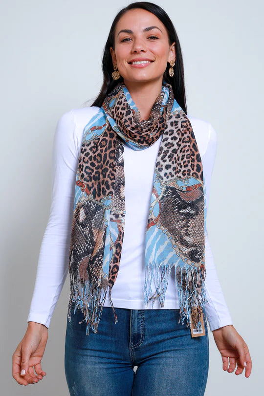 woman wearing Blue Zebra Striped Leopard Snake Skin Print Scarf 