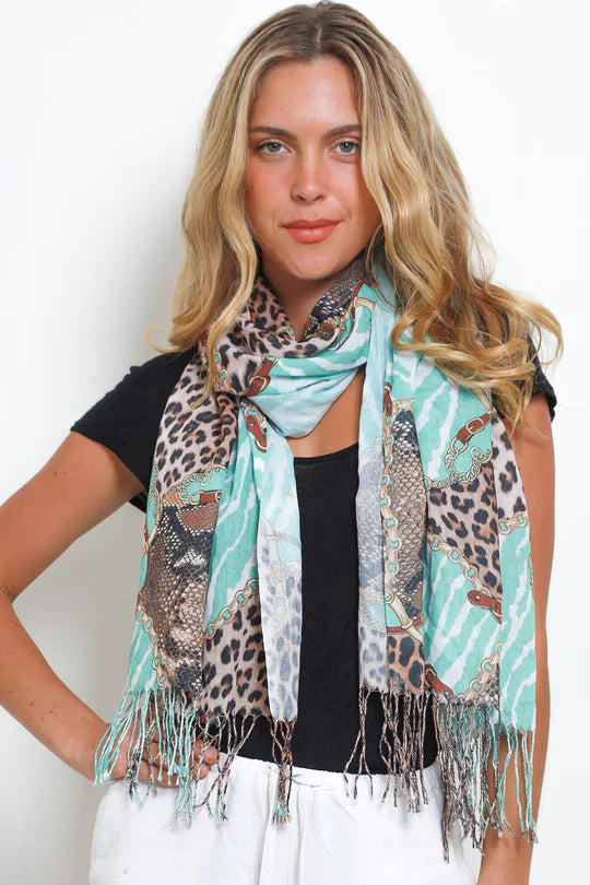 woman wearing Blue Zebra Striped Leopard Snake Skin Print Scarf