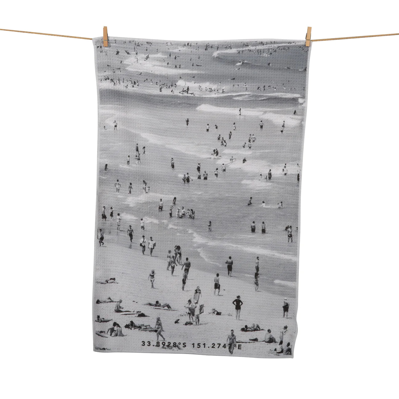 people at the beach print towel in black and white