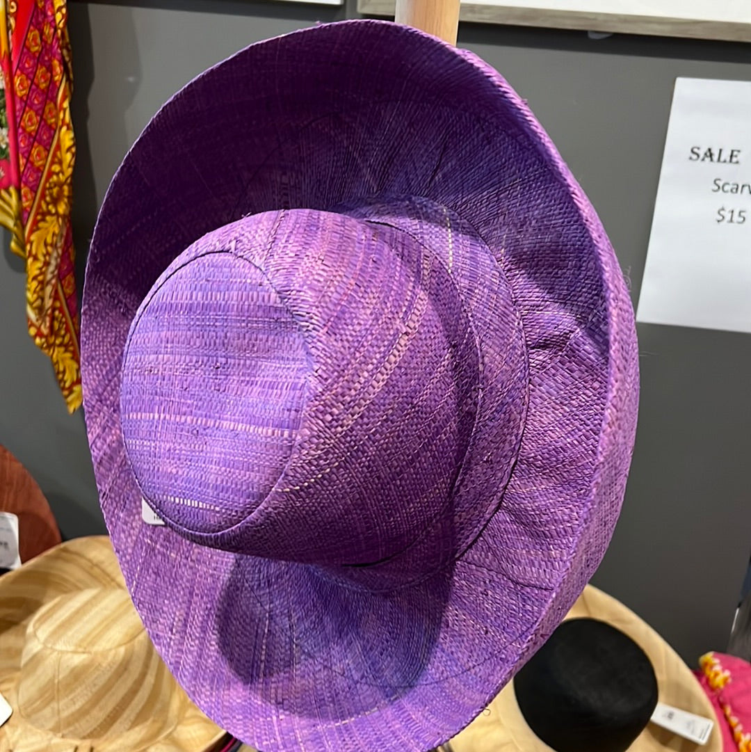 Le Panier Woven Straw Wide Brim Sun Hat with Bow Straw Band - Plum