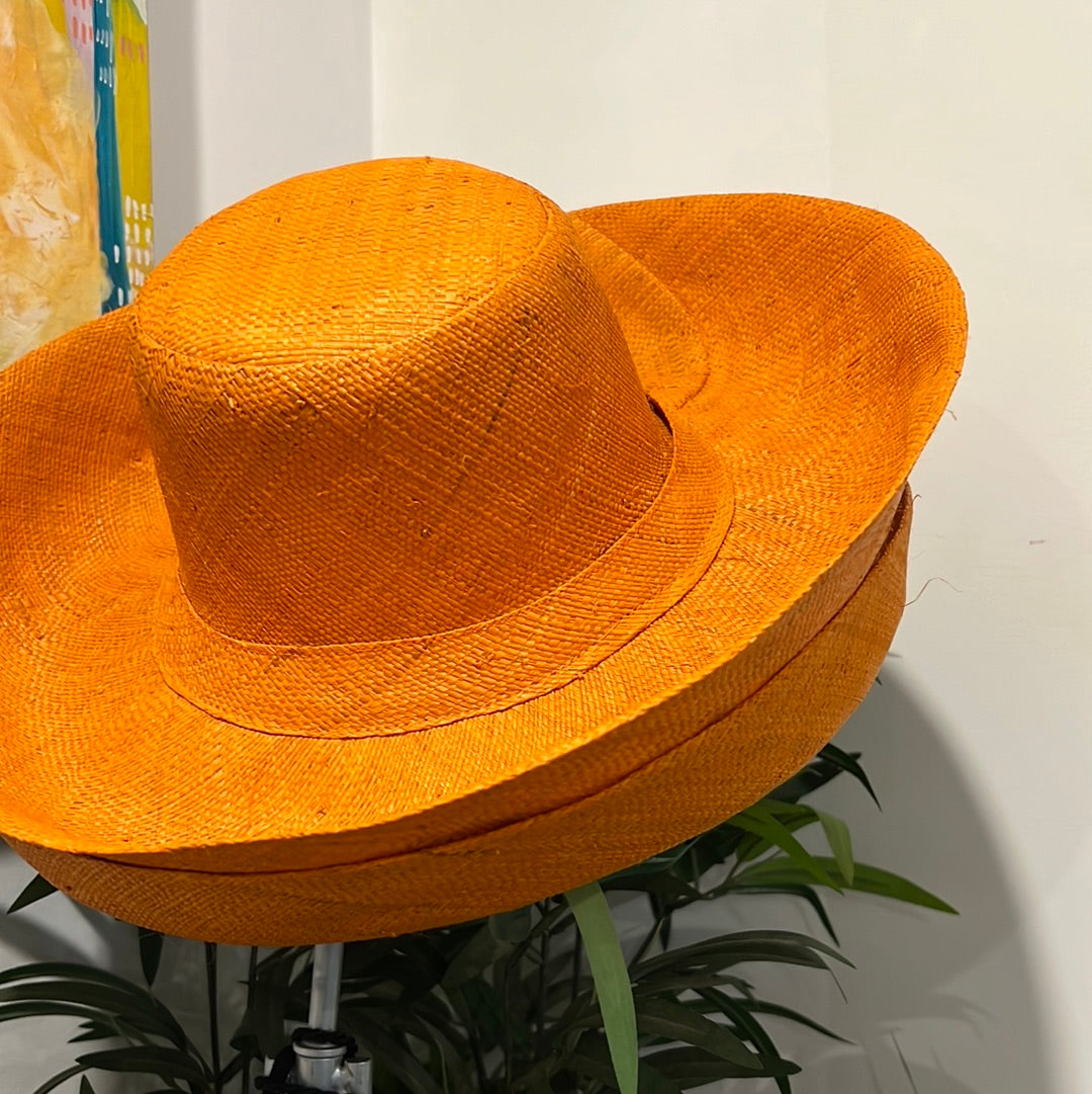 Le Panier Woven Straw Wide Brim Sun Hat with Bow Straw Band - Orange