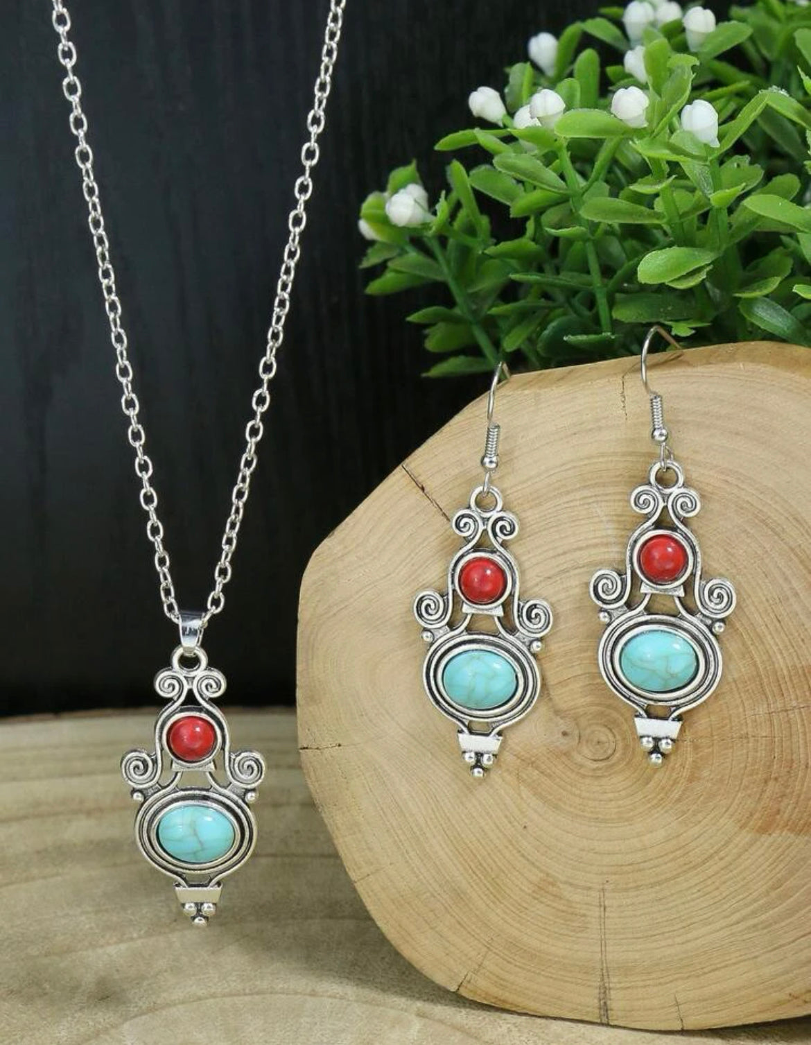 Coral and Turquoise Stone Tibetan Silver Geometric Necklace and Earrings Set
