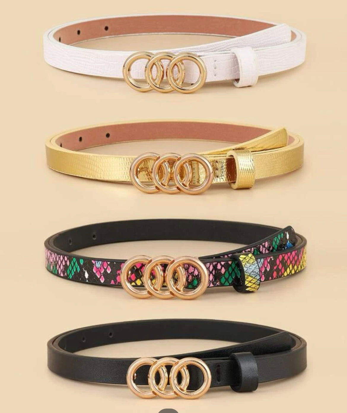 four Triple Circle Buckle Belt with Punch Tool Leather Belts in white, gold, multicolored snake skin, black
