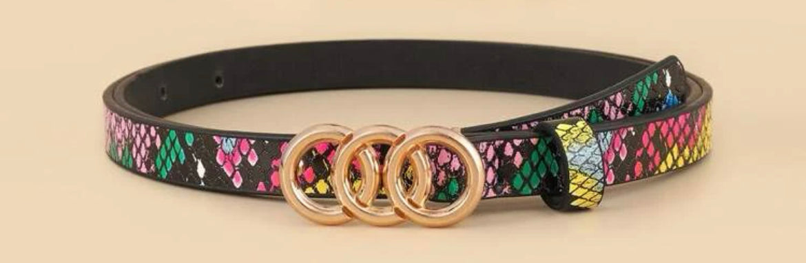 Triple Circle Buckle Belt with Punch Tool Leather Belts in multicolored snake skin