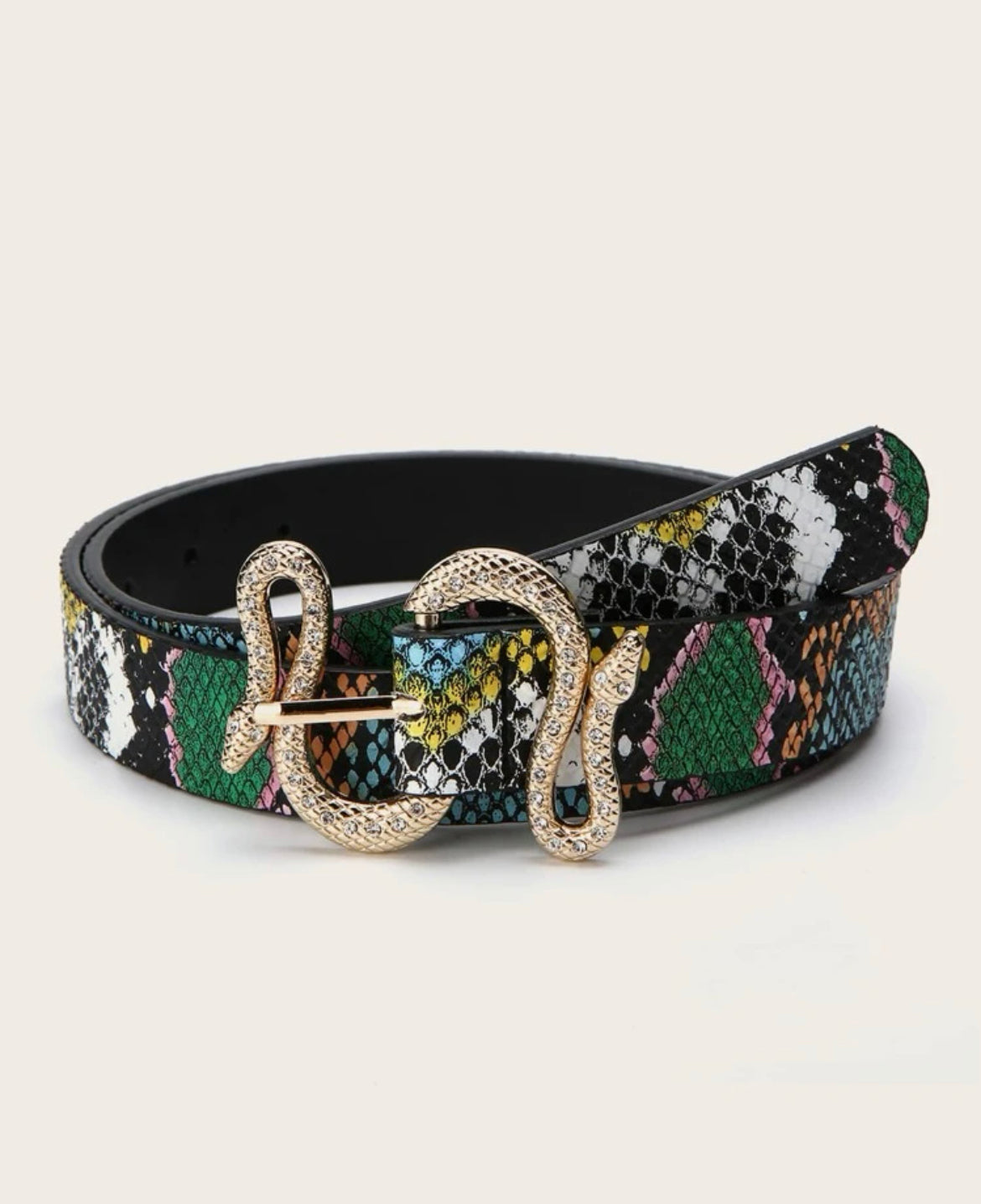 Multicolored Snakeskin Pattern Serpentine Buckle Belt
