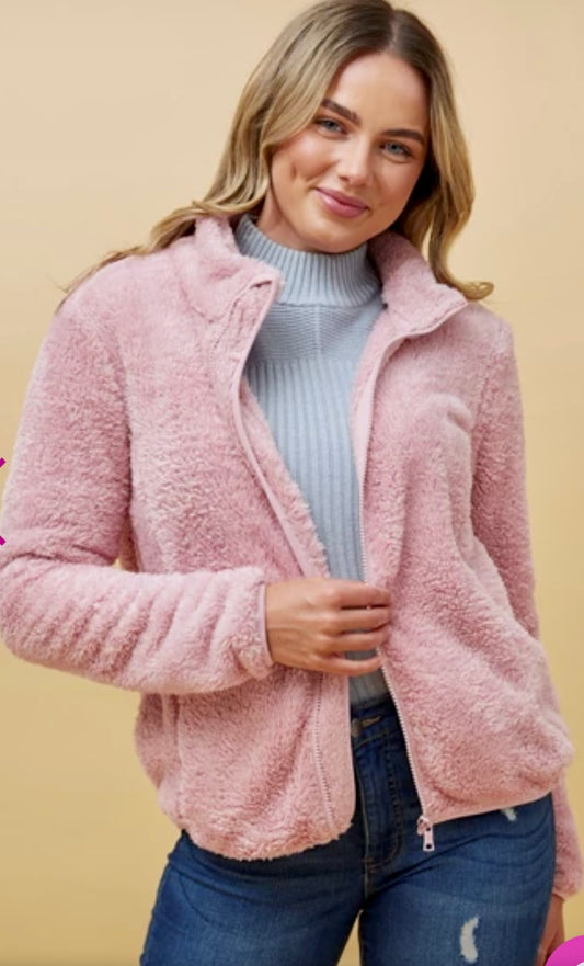 Lynney teddy plush high zipped collar jacket in baby pink