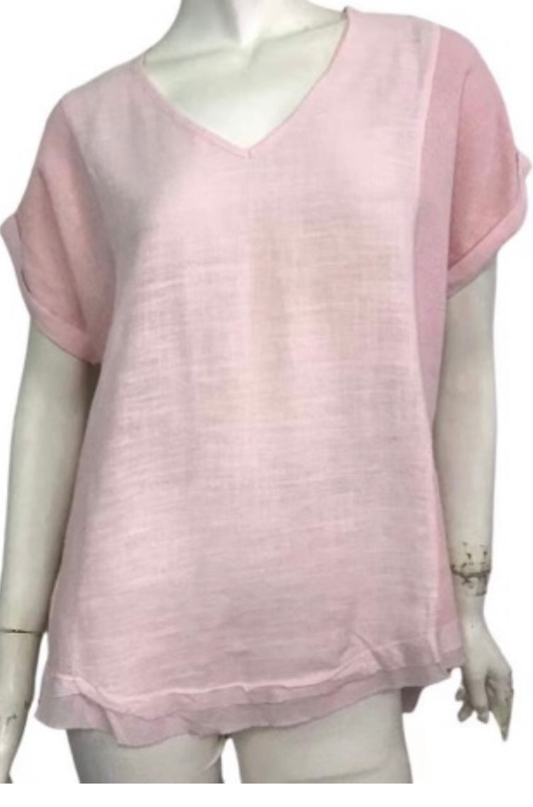 V-Neck Short Sleeve Linen Pullover Top - Dusty Pink