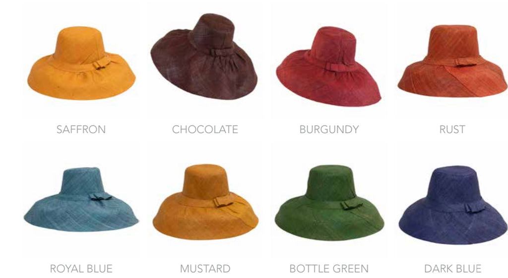 demi capeline Woven Straw Wide Brim Sun Hat with Bow Straw Band in saffron, chocolate, burgundy, rust, royal blue, mustard, bottle green, dark blue