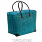 square raffia straw tote bag with leather details in turquoise