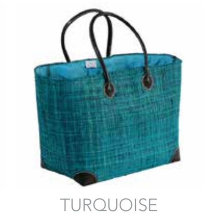 square raffia straw tote bag with leather details in turquoise