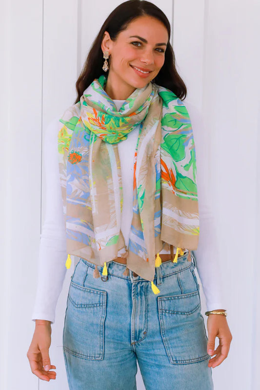 woman wearing summer tropical floral neon green with tassel chiffon scarf