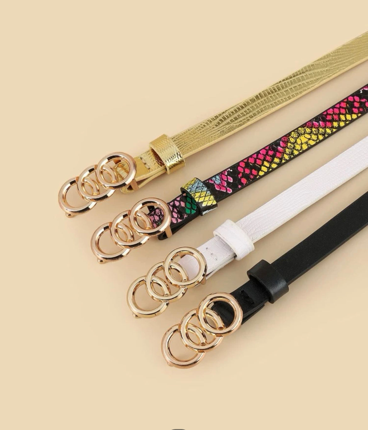 four Triple Circle Buckle Belt with Punch Tool Leather Belts in white, gold, snake skin, black