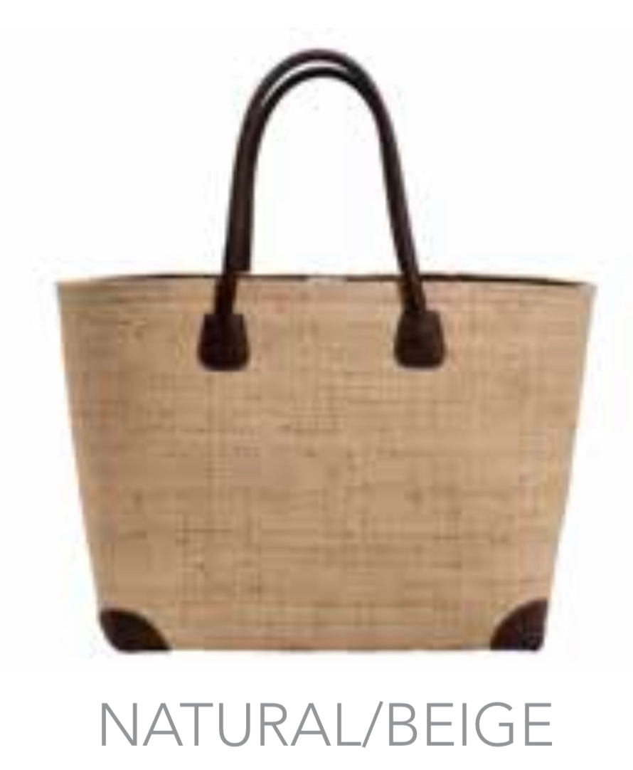 square raffia straw tote bag with leather details in natural beige