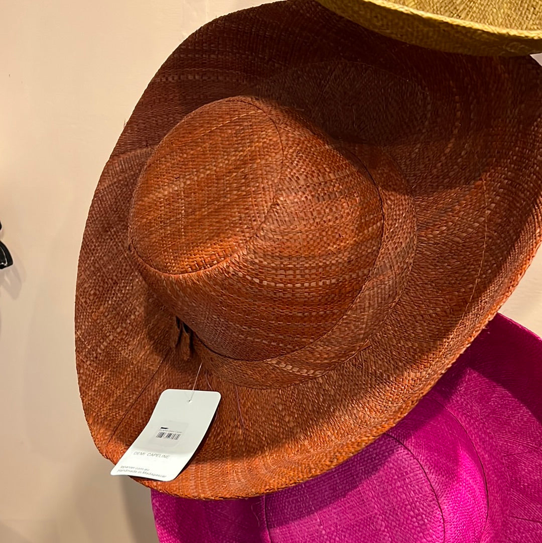 Woven Straw Wide Brim Sun Hat with Bow Straw Band - Rust