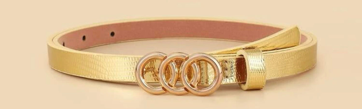 Triple Circle Buckle Belt with Punch Tool Leather Belts in gold