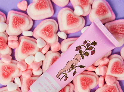 Bopo Women berry blush lip balm with heart sugary gummies on the background