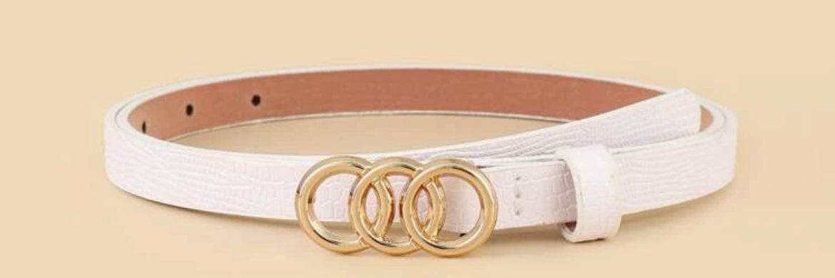 Triple Circle Buckle Belt with Punch Tool Leather Belts in white