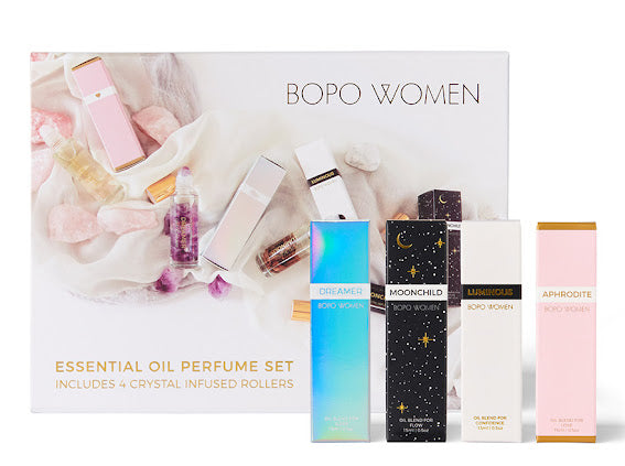bopo women Essential Oil Perfume Roller Set box with 4 crystal infused rollers dreamer moonchild luminous aphrodite