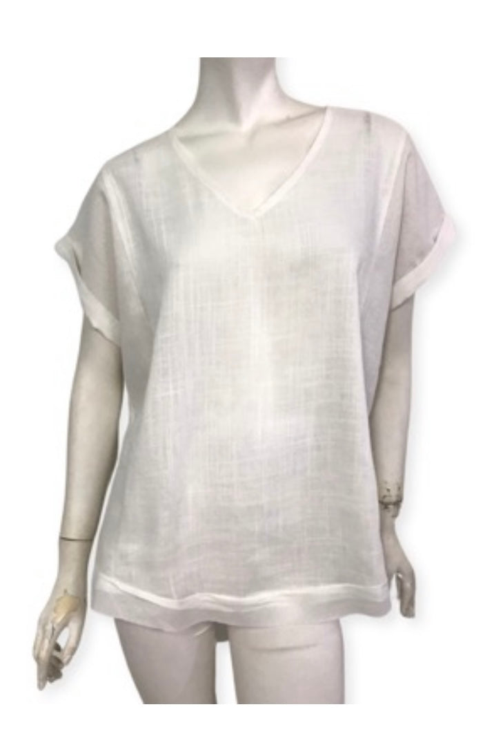 V-Neck Short Sleeve Linen Pullover Top - White
