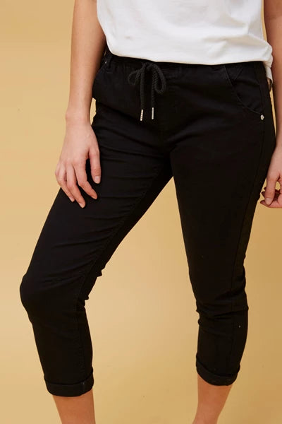 Black Drawstring Waistband with Two Side Pockets and Folded Hem Jogger Pants