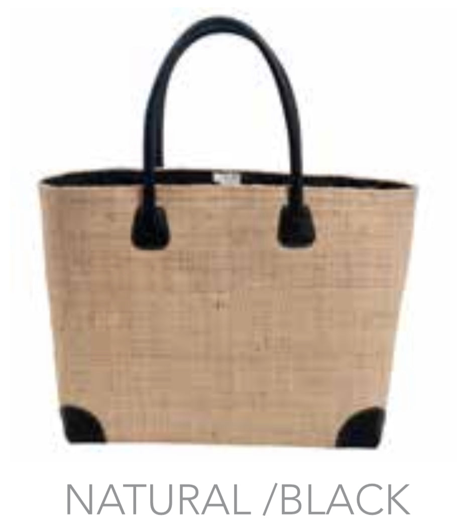 square raffia straw tote bag with leather details in natural black
