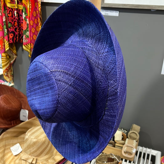 Le Panier Woven Straw Wide Brim Sun Hat with Bow Straw Band - Royal Blue