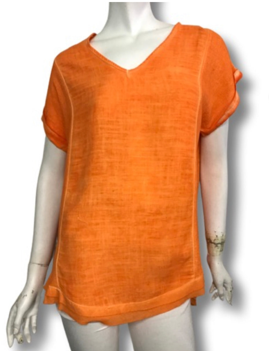 v-neckline short sleeve linen top in tangerine